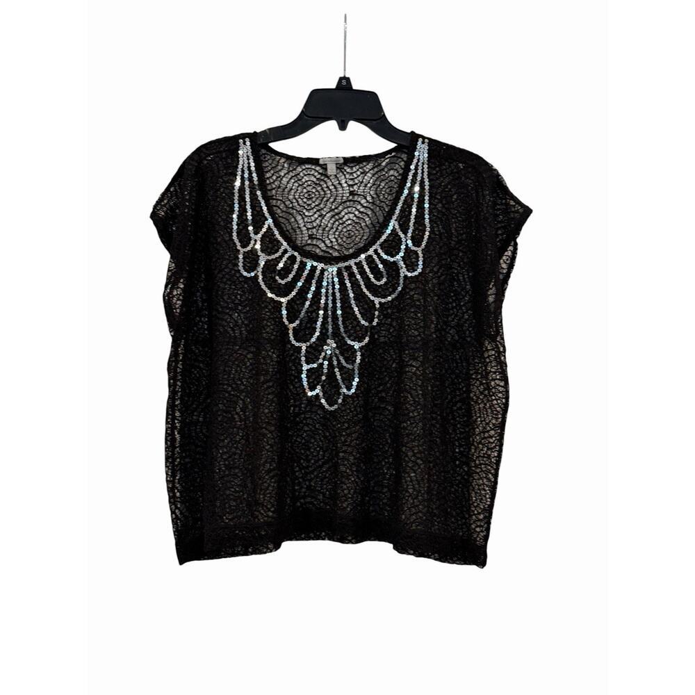 Charlotte Russe Black Sheer Lace Blouse Size L Silver Embellishments Y2K 90s